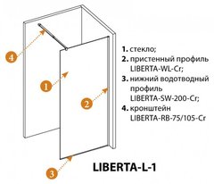 Душевая стенка Cezares Liberta 95 см, со свободным входом, стекло прозрачное, профиль черный, Liberta-L-1-95-C-Nero