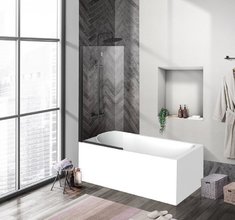 Душевая шторка на ванну BelBagno Uno, 90 х 150 см, стекло прозрачное, профиль черный матовый, UNO-V-1-90/150-C-NERO