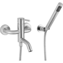 Смеситель Cisal Xion XI000124D1 настенный для ванны/душа с ручной лейкой, держателем и шлангом 150 см, цвет нержавеющая сталь