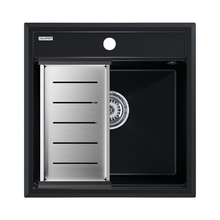 Мойка кухонная Paulmark Stepia PM115051-BLM+A375-BS, 50 см, искусственный камень, с коландером Advance, черный металлик/брашированная нержавеющая сталь