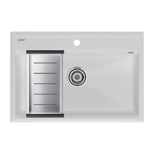 Мойка кухонная Paulmark Stepia PM117551-WH+A375-BS, 80 см, искусственный камень, с коландером Advance, белый/брашированная нержавеющая сталь