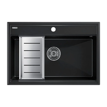 Мойка кухонная Paulmark Stepia PM117551-BLM+A375-BS, 80 см, искусственный камень, с коландером Advance, черный металлик/брашированная нержавеющая сталь