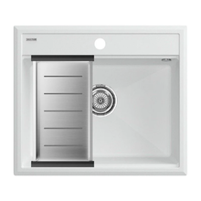 Мойка кухонная Paulmark Stepia PM115951-WH+A375-BS, 60 см, искусственный камень, с коландером Advance, белый/брашированная нержавеющая сталь