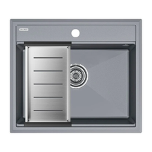 Мойка кухонная Paulmark Stepia PM115951-GRM+A375-BS, 60 см, искусственный камень, с коландером Advance, серый металлик/брашированная нержавеющая сталь