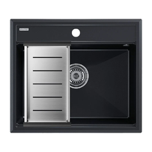 Мойка кухонная Paulmark Stepia PM115951-BLM+A375-BS, 60 см, искусственный камень, с коландером Advance, черный металлик/брашированная нержавеющая сталь