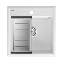 Мойка кухонная Paulmark Stepia PM115051-WH+A375-BS, 50 см, искусственный камень, с коландером Advance, белый/брашированная нержавеющая сталь