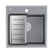 Мойка кухонная Paulmark Stepia PM115051-GRM+A375-BS, 50 см, искусственный камень, с коландером Advance, серый металлик/брашированная нержавеющая сталь
