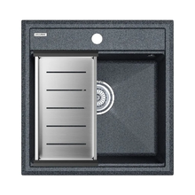 Мойка кухонная Paulmark Stepia PM115051-DG+A375-BS, 50 см, искусственный камень, с коландером Advance, графит/брашированная нержавеющая сталь