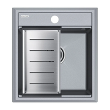 Мойка кухонная Paulmark Stepia PM114651-GRM+A375-BS, 45 см, искусственный камень, с коландером Advance, серый металлик/брашированная нержавеющая сталь