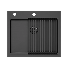 Мойка кухонная Paulmark Kroner PM705951-GM+R405-GM, 59 см, нержавеющая сталь, PVD покрытие, с ролл-матом Step, вороненая сталь