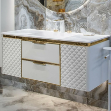 Тумба с раковиной Armadi Art Rombo 777-120-WG/776-120-W, 120 см, подвесная, LED-подсветка, белая матовая/золото