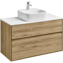 Тумба с раковиной Акватон Либерти 100 см, дуб эльвезия, раковина накладная Одри 42 х 42, Soft, столешница белая, 1A2796К4LY010