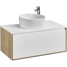 Тумба с раковиной Акватон Либерти 90 см, дуб эльвезия, белый, раковина накладная Mila 40, столешница белая, 1A2799К2LY010