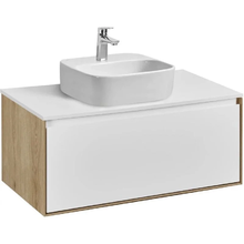 Тумба с раковиной Акватон Либерти 90 см, дуб эльвезия, белый, раковина накладная Одри 42 х 42 см, Soft, столешница белая, 1A2799К4LY010