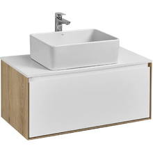 Тумба с раковиной Акватон Либерти 90 см, дуб эльвезия, белый, раковина накладная Mila 50 x 35, столешница белая, 1A2799К1LY010