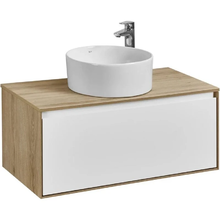 Тумба с раковиной Акватон Либерти 90 см, дуб эльвезия, белый, раковина накладная Mila 40, столешница дуб эльвезия, 1A2799К2LYC70