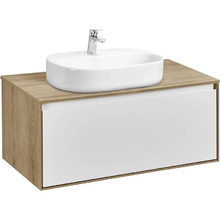 Тумба с раковиной Акватон Либерти 90 см, дуб эльвезия, белый, раковина накладная Одри Round 62 x 42, столешница дуб эльвезия, 1A2799К5LYC70