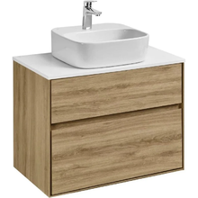 Тумба с раковиной Акватон Либерти 75 см, дуб эльвезия, раковина накладная Одри 42 х 42, Soft, столешница белая, 1A2795K4LY010