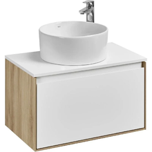 Тумба с раковиной Акватон Либерти 70 см, дуб эльвезия, белый, раковина накладная Mila 40, столешница белая, 1A2798К2LY010