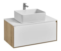 Тумба с раковиной Акватон Либерти 70 см, дуб эльвезия, белый, раковина накладная Mila 50 x 35, столешница белая, 1A2798К1LY010