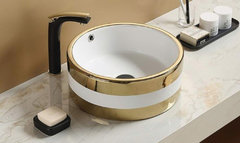 Раковина CeramaLux NC, 42 х 42 см, накладная, белая, золото, C1057