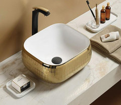 Раковина CeramaLux NC, 45 х 40 см, накладная, белая, золото, C1068